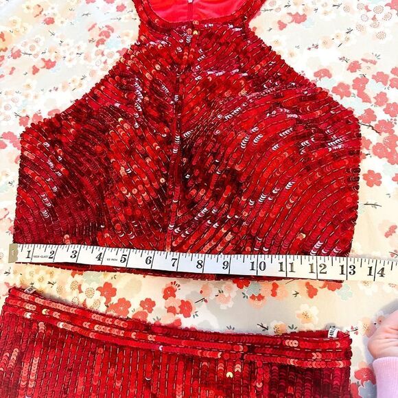 Sherri Hill Red Sequins 2-Piece Crop Top Skirt Gown Dress Slit Size 4 - 51662 - Picture 9 of 16